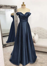A-line Off-the-Shoulder Sleeveless Long/Floor-Length Satin Prom Dresses With Pleated
